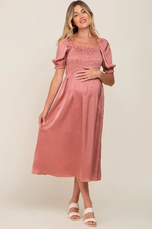 Pink Satin Puff Sleeve Maternity Midi Dress