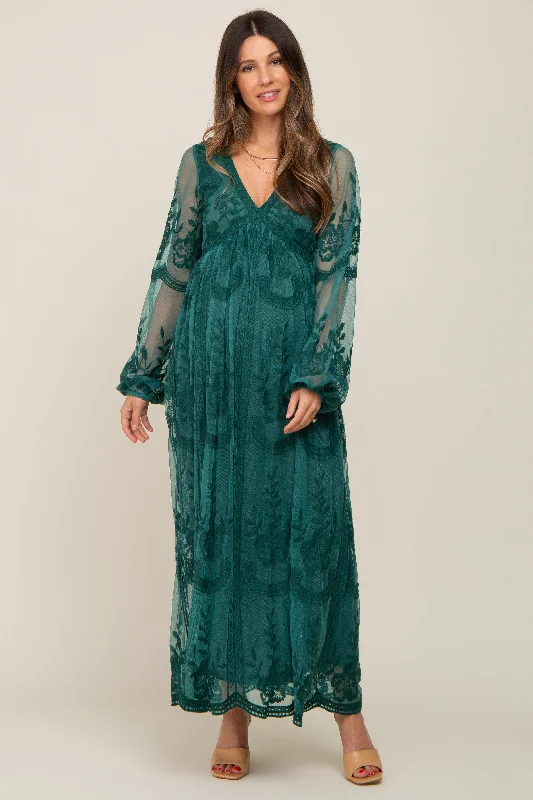 PinkBlush Emerald Green Lace Mesh Overlay Long Sleeve Maternity Maxi Dress