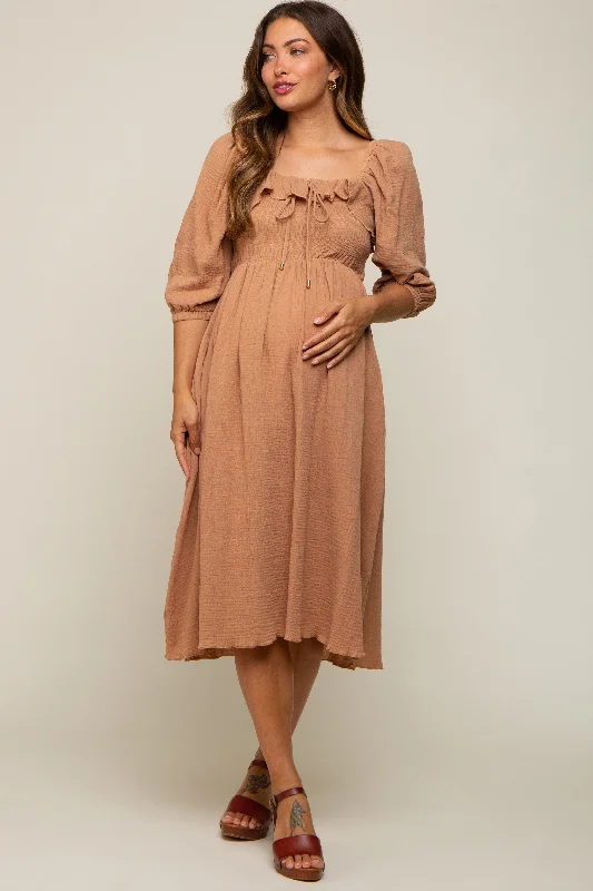 Taupe Gauze Smocked Maternity Midi Dress