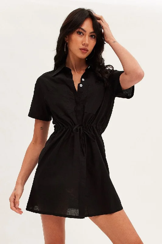 Black Shirt Dress Pocket Short Sleeve Button Front