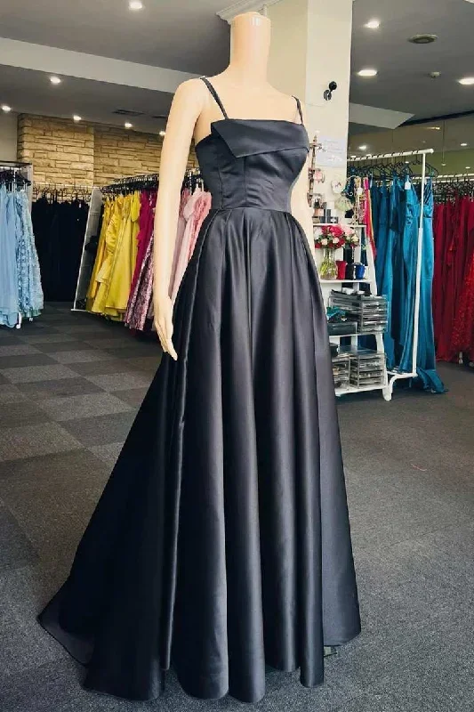 Black Spaghetti Straps A-Line Long Prom Dress