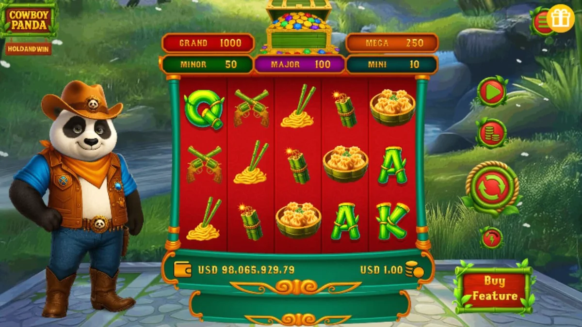 Panda cowboy temático em um slot de aventura com elementos do Velho Oeste e cultura asiática