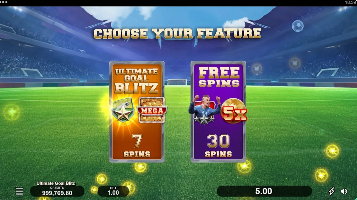 Interface do jogo de slot Ultimate Goal Blitz em um smartphone moderno exibindo o campo de futebol.